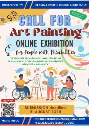 The banner with an image of two wheelchair users doing the painting and one person standing in the middle between the wheelchair users.
