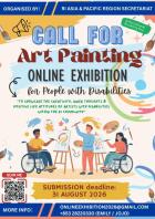 The banner with an image of two wheelchair users doing the painting and one person standing in the middle between the wheelchair users.